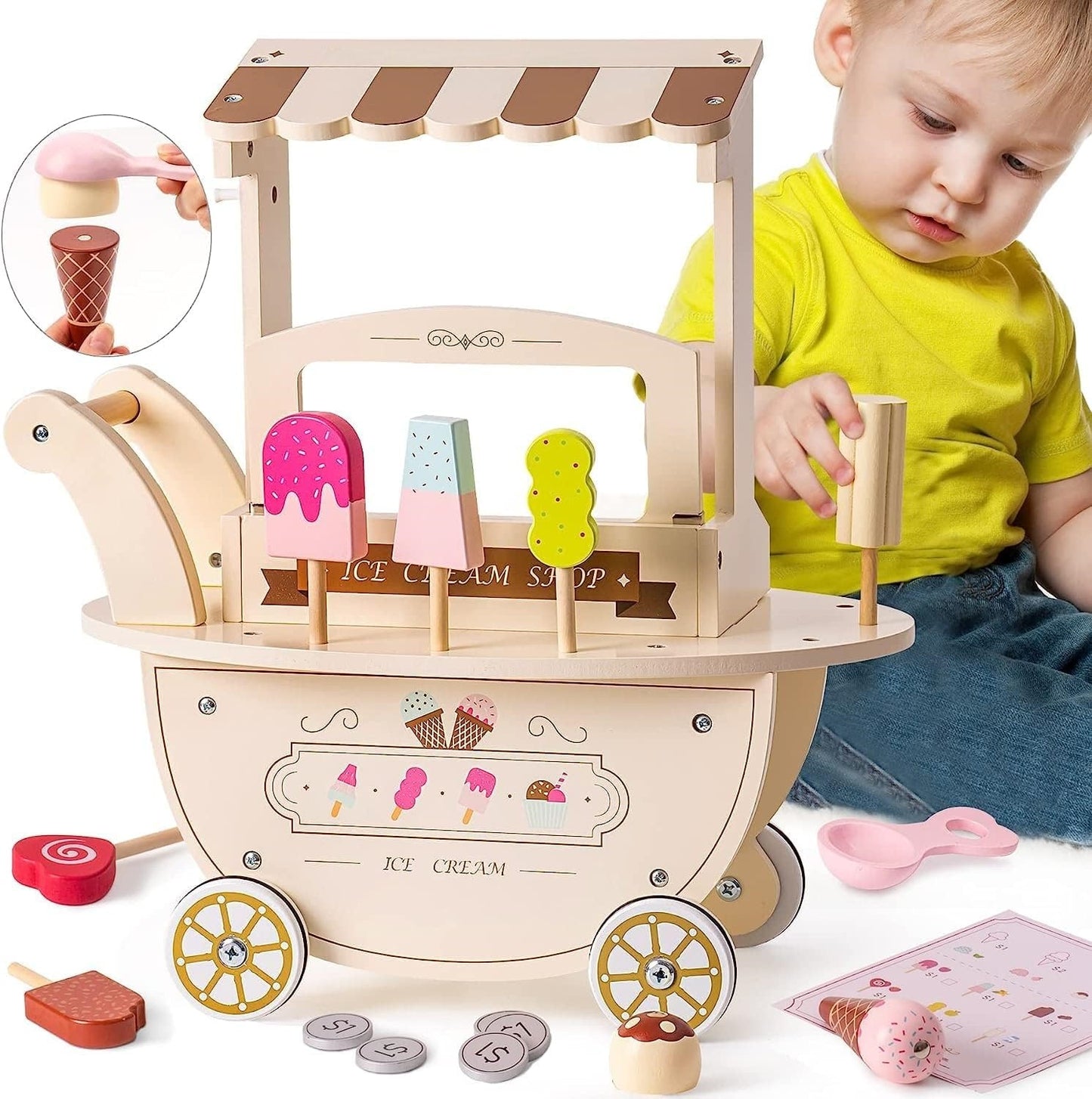 Eisdiele aus Holz - Wagen auf Rädern mit Zubehör