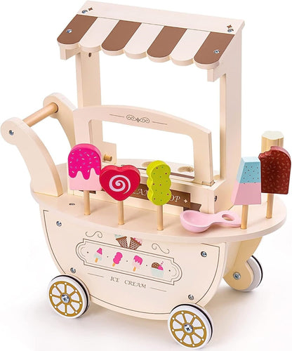 Eisdiele aus Holz - Wagen auf Rädern mit Zubehör