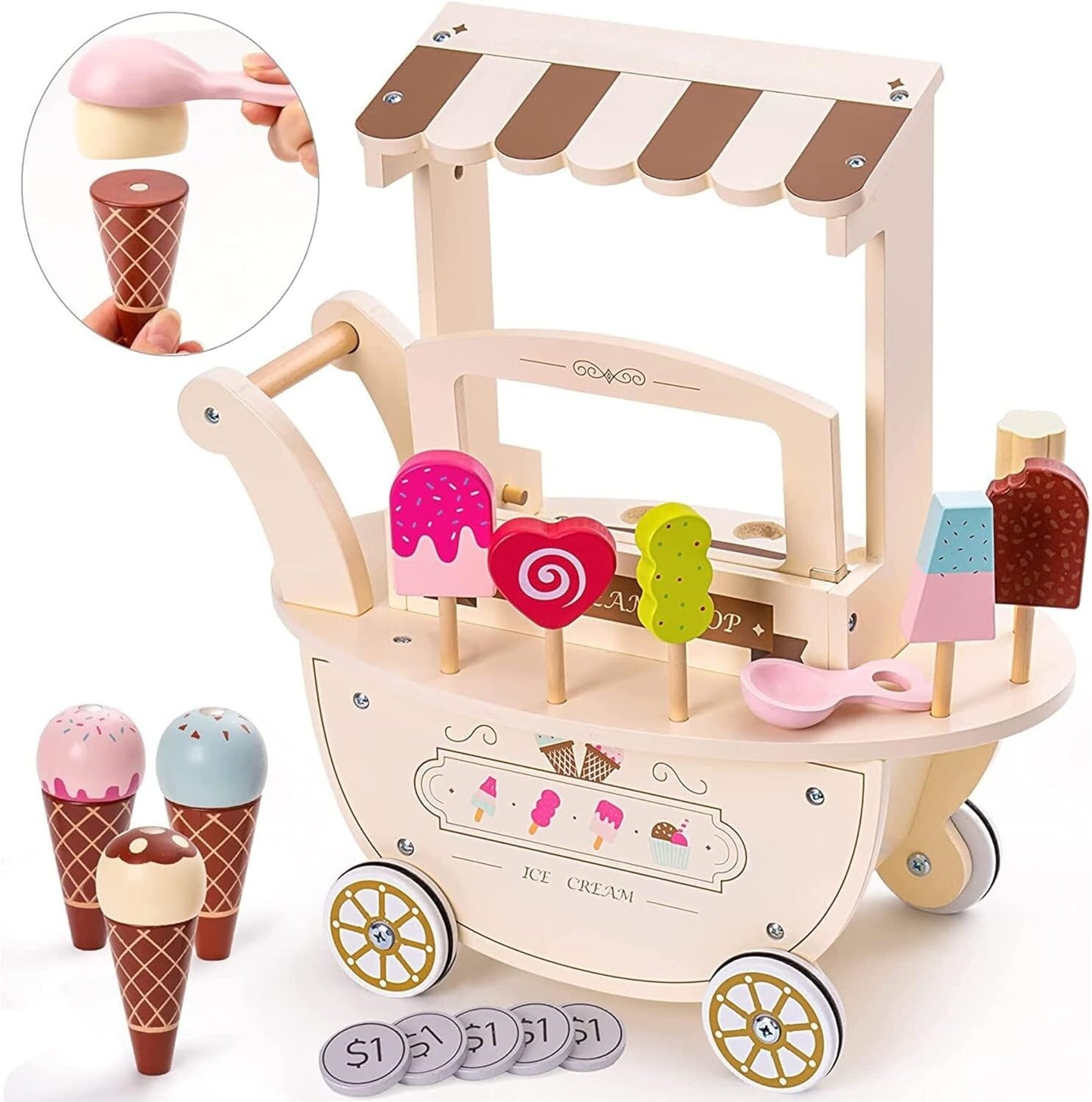 Eisdiele aus Holz - Wagen auf Rädern mit Zubehör